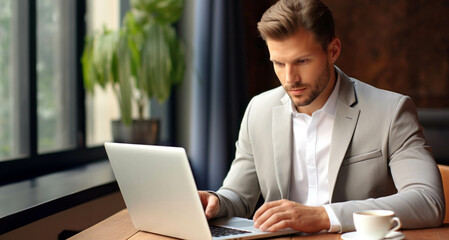 Wall Mural - Handsome young businessman working on laptop computer at coffee shop.