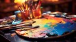 Colorful artist s palette and dynamic paintbrushes in bright studio lighting   close up shot.