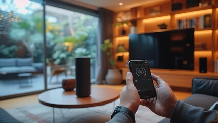 girl using a smartphone and controls smart speaker, smart device concept