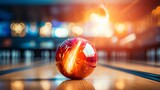 Fototapeta  - Bowling ball striking pins on alley lane in sport competition or tournament photography