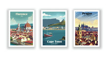 Cape Town, South Africa. Florence, Italy. Prague, Czech Republic. Vintrage Travel Poster. Wall Art And Print Set For Hikers, Campers, And Stylish Living Room Decor.