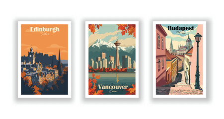 Wall Mural - Budapest, Hungary. Edinburgh, Scotland. Vancouver, Canada. Vintrage travel poster. Wall Art and Print Set for Hikers, Campers, and Stylish Living Room Decor.