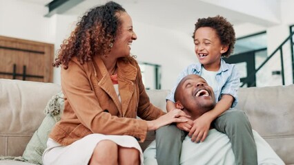 Wall Mural - Parents, child and playing or laughing together in living room, love and bonding in childhood. Black family, happy people and relaxing on weekend and happiness, care and funny humor in apartment