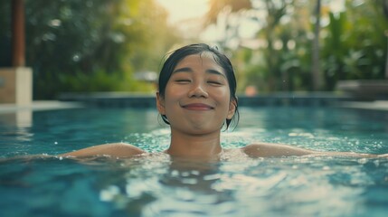 Wall Mural - Young asian woman relaxing in swimming pool at spa resort.relaxing concept.