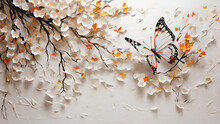 Butterfly Floating In The Wind Through The Branches Of A Tree With Oil Paints. Gorgeous White Background