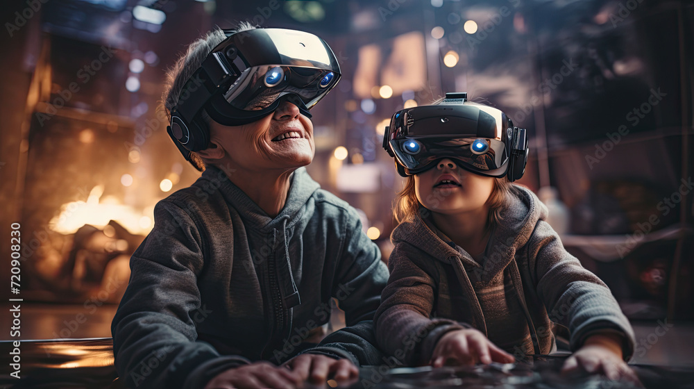 Two children wearing virtual reality headsets are immersed in a digital ...