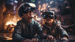 Two children wearing virtual reality headsets are immersed in a digital world, their faces lit with wonder and amazement at the new technology.
