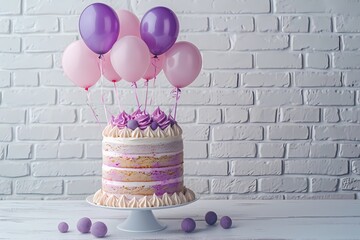 cute and sweet birthday cake with purple balloon on white brick wall for birthday banner, party celebration or  festival poster with copy space