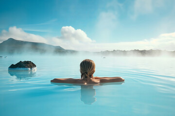 Young woman enjoying spa in hot springs in Iceland. Beautiful girl having fun in thermal bath on a backdrop of scenic Icelandic nature.