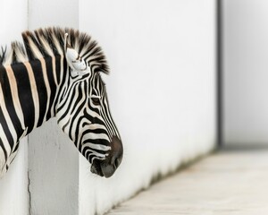 Sticker - A zebra artist painting black and white stripes on a plain white wall. Generative AI.