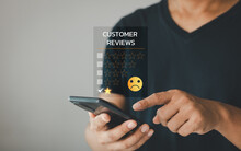 Dissatisfied Customer Experience Concept, Unhappy Businessman Client With A Sad Emotion Face On Smartphone Screen, Bad Review, Bad Service, Dislike, Bad Quality, Low Rating, Social Media Not Good.
