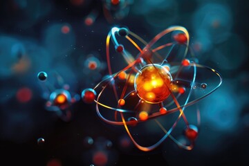 Wall Mural - atomic dance: subatomic realm, electrons, neutrons, and protons orbit a fixed nucleus in a model emp