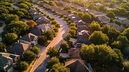 Aerial view of suburban neighborhood in suburbs Dallas, Texas, USA, Aerial view of a cul-de-sac at a neighborhood road dead end with built homes.