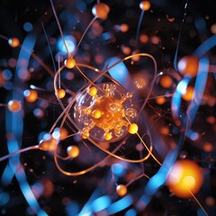 Wall Mural - atomic dance: subatomic realm, electrons, neutrons, and protons orbit a fixed nucleus in a model emp