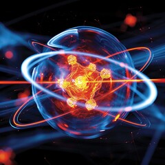 Wall Mural - atomic dance: subatomic realm, electrons, neutrons, and protons orbit a fixed nucleus in a model emp