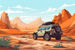 Off-Road Adventures: Conquering Nature's Wild Terrain in a Red Jeep Wrangler with Adventure Enthusiasts, against a Fiery Desert Skyline