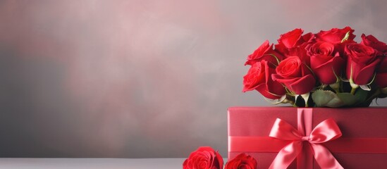 Valentine's Day background concept, red roses and gift box, empty copy space for present