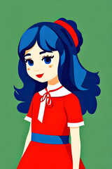 Wall Mural - cute cartoon illustration of a smiling little brunette girl wearing a red and white dress with a blue belt