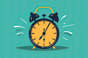 Ringing Yellow Alarm Clock Illustration with Vibrant Teal Background - Time Management and Wake Up Concept