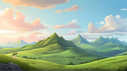 Wall Mural - Natural scenery with hills and lakes. Nature background. Cartoon or anime illustration style.