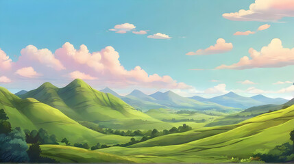Wall Mural - Natural scenery with hills and lakes. Nature background. Cartoon or anime illustration style.