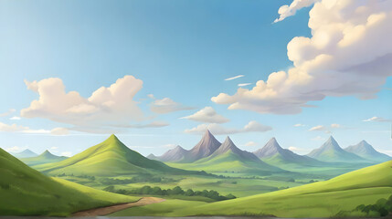 Wall Mural - Natural scenery with hills and lakes. Nature background. Cartoon or anime illustration style.