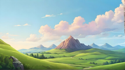 Wall Mural - Natural scenery with hills and lakes. Nature background. Cartoon or anime illustration style.