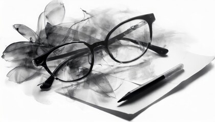 Pen, glasses and paper. Mystery concept.