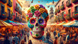 Colourful Sugar Skull in Lively Mexican Market.
A vibrant sugar skull amidst the bustling atmosphere of a traditional Mexican market.