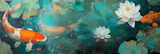a painting featuring a lotus pond and koi fish, generative AI