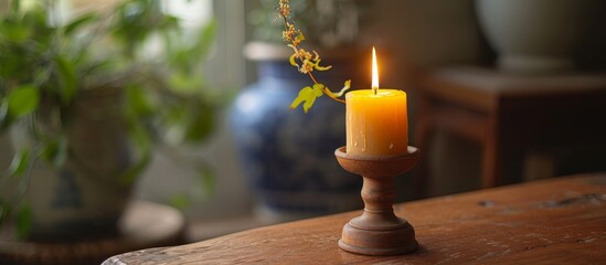 Wall Mural - Old vintage wooden candlestick - a charming piece of history adorned with an old, vintage candle, exuding warmth and nostalgia.