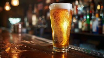 Glass of cold lager beer on bar counter