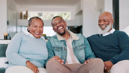 Canvas Print - Man, elderly parents and laughing on sofa for holiday vacation joy in living room for funny joke, bonding or relax. Black family, old couple and connection with son in retirement age, visit or love