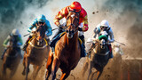 Horse racing front view, Jockeys and horses fight to take the lead in the last curve, horse racing poster, gambling, betting concept