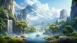 © Xabrina - Beautiful natural landscape illustration, with lush vegetation and elegant waterfalls.