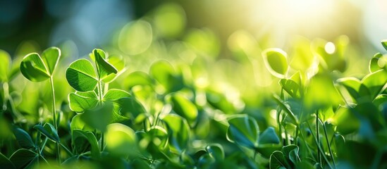 Canvas Print - Close-up of young pea leaves with selective focus, against a bright sky and shallow depth.