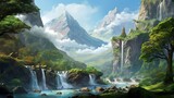 Fototapeta Natura - Beautiful natural landscape illustration, with lush vegetation and elegant waterfalls.