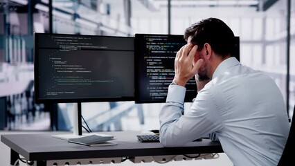 Unhappy Sad Developer Programmer Man In Stress Coding Software
