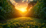 Fototapeta Na ścianę - Sun rising over dense cornfield, green crops, agricultural scene, farming life, natural landscape