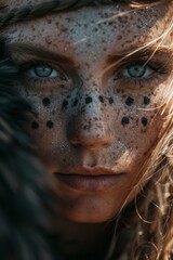 Poster - close-up portrait of a beautiful female viking warrior woman with tribal face paint