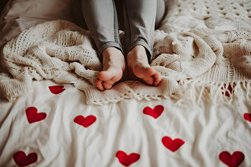 Wall Mural - Women legs on white bed with red hearts. Romantic greeting on Valentine's Day