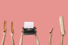 Women With Vintage Typewriter And Books On Pink Background
