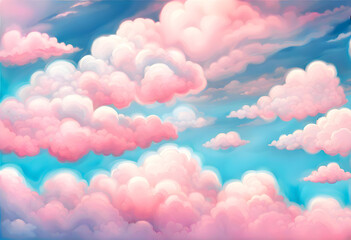 sky illustration with colorful clouds. blue and pink clouds, blue sky. art for children's themes, fa