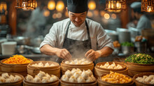 Chef Making Dim Sum In A Chinese Restaurant, Chinese Cuisine
