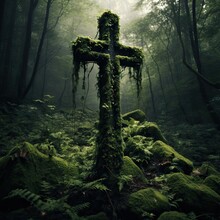Enchanted Stone Cross Covered In Vines And Moss In An Elven Forest AI Generated