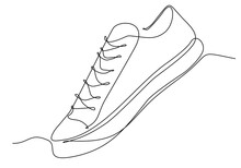 Shoes Continuous One Line Drawing. Sports Shoes In A Line Style. Sneakers Isolated On White Background. Good For Man Or Woman. Fashionable And Casual. Vector Minimalistic Hand Drawn Illustration