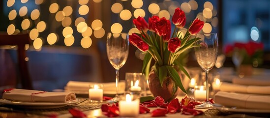 Sticker - Valentine's Day restaurant table setting for a luxury romantic date with tulip flower decorations and candles; ideal for a surprise marriage proposal.