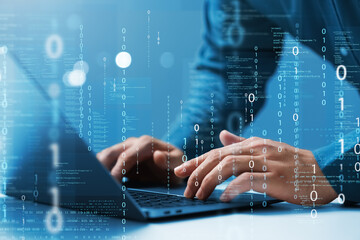 programmer and cyber security technology, male programmer uses laptop for software development, codi