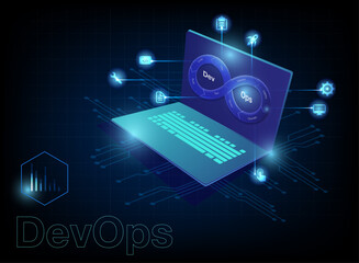 Wall Mural - digital business network background with notes devops infinity shape on screen infographic template 