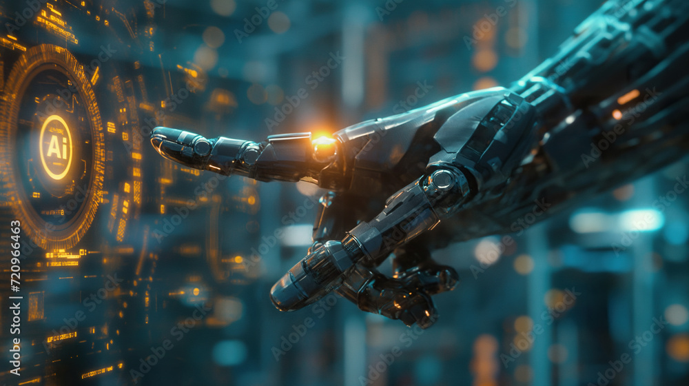 High-tech AI robot safeguarding digital data with illuminated security ...